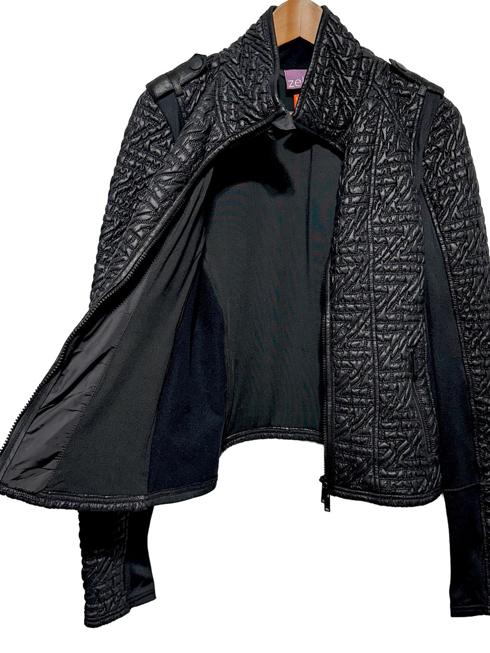 ZELLA Black Textured Quilted Moto Jacket Athleisure Minimalist - Picture 5 of 7